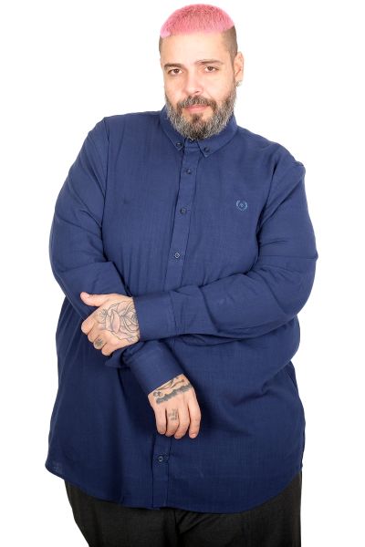 Büyük Beden Erkek Uzun Kollu Keten  Gömlek 20396 INDIGO