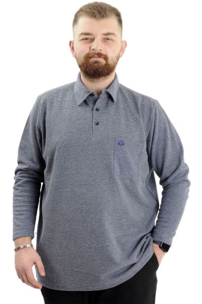 Big Size Mens Sweatshirt Polo Long Arm WAFFLE 23449 Light Navy Blue