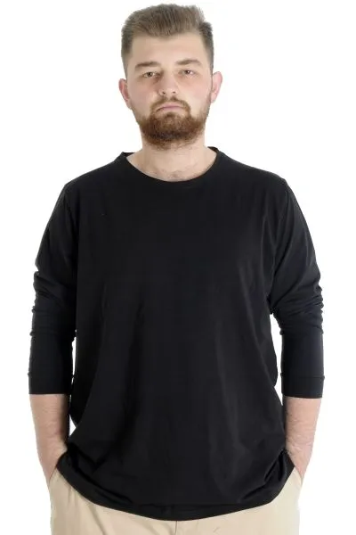 Büyük Beden Erkek Tshirt Uzun Kol Manşetli 20103 Siyah SIYAH