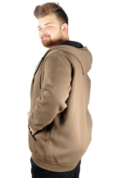 Erkek Sweatshirt Kapşonlu Zippered Basic 20543 Haki