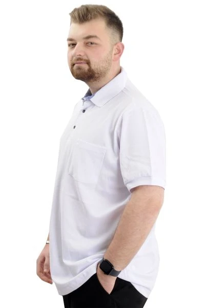 Battal Beden Erkek Tshirt Polo Yaka Cepli Klasik Pike 20552 Beyaz