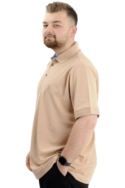 Battal Beden Erkek Tshirt Polo Yaka Nakışlı Klasik Pike 20553 Bej