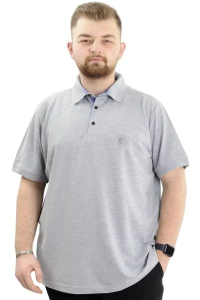 Battal Beden Erkek Tshirt Polo Yaka Nakışlı Klasik Pike 20553 Gimelanj GRI