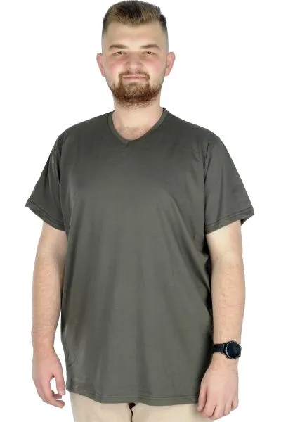 Büyük Beden T-Shirt V Yaka Likralı 20150 Haki HAKI