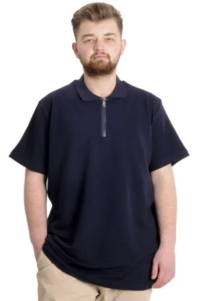Büyük Beden Erkek T-Shirt Fermuarlı Polo Yaka 21029 Lacivert