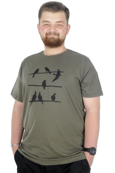 Büyük Beden T-Shirt Bisiklet Yaka Birds 22172 Haki