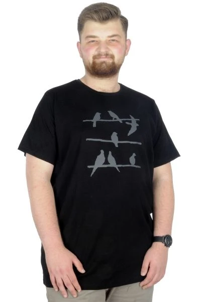 Büyük Beden T-Shirt Bisiklet Yaka Birds 22172 Siyah