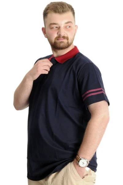 Büyük Beden T-Shirt Polo Sleeve Striped 22336 Lacivert
