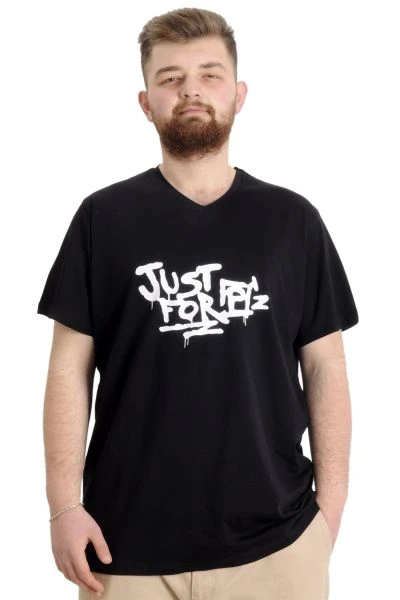 Büyük Beden Erkek V Yaka T-shirt JUST 23032 Siyah