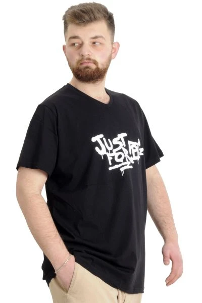 Büyük Beden Erkek V Yaka T-shirt JUST 23032 Siyah
