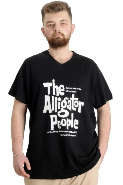 Büyük Beden Erkek V Yaka T-shirt ALLIGATOR Siyah