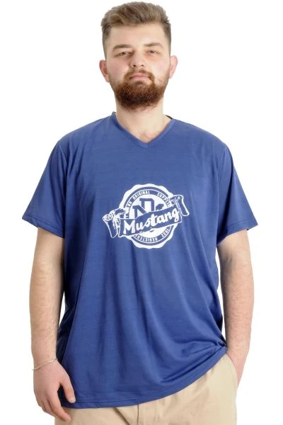 Büyük Beden Erkek T-shirt V Yaka MUSTANG 23034 Mavi