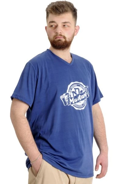 Büyük Beden Erkek T-shirt V Yaka MUSTANG 23034 Mavi