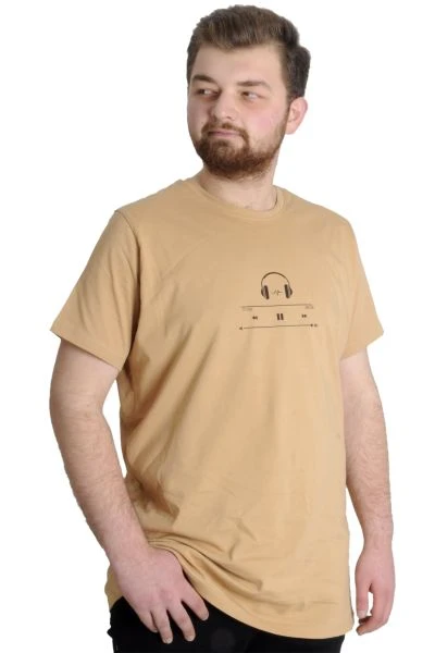 Büyük Beden Erkek T-shirt HEADSET 23101 Bej