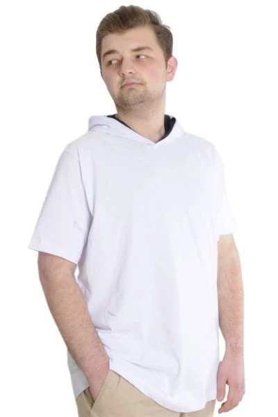 Büyük Beden Erkek T-shirt Kapşonlu Kısa Kol 23118 Beyaz