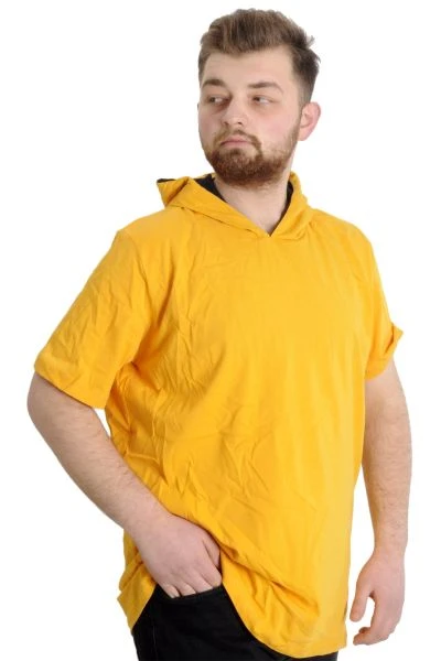 Büyük Beden Erkek T-shirt Kapşonlu Kısa Kol 23118 Hardal