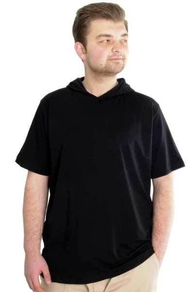 Büyük Beden Erkek T-shirt Kapşonlu Kısa Kol 23118 Siyah