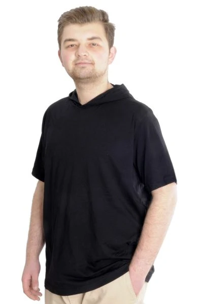 Büyük Beden Erkek T-shirt Kapşonlu Kısa Kol 23118 Siyah