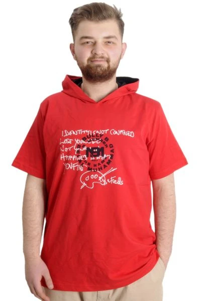 Büyük Beden Erkek T-shirt Kapşonlu MUHAMMAD 23120 Kırmızı