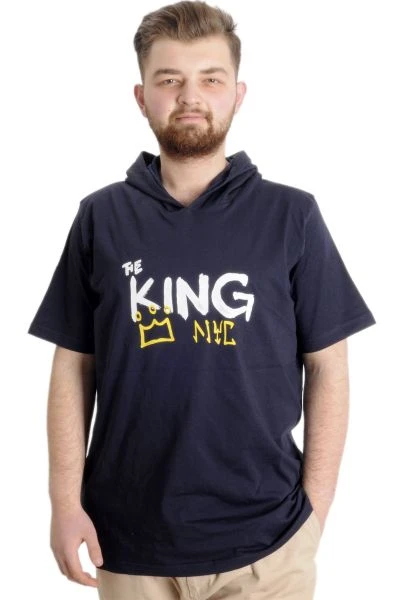 Büyük Beden Erkek T-shirt Kapşonlu THE KING 23121 Lacivert