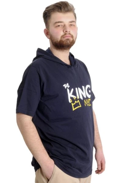 Büyük Beden Erkek T-shirt Kapşonlu THE KING 23121 Lacivert