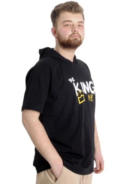 Büyük Beden Erkek T-shirt Kapşonlu THE KING 23121 Siyah