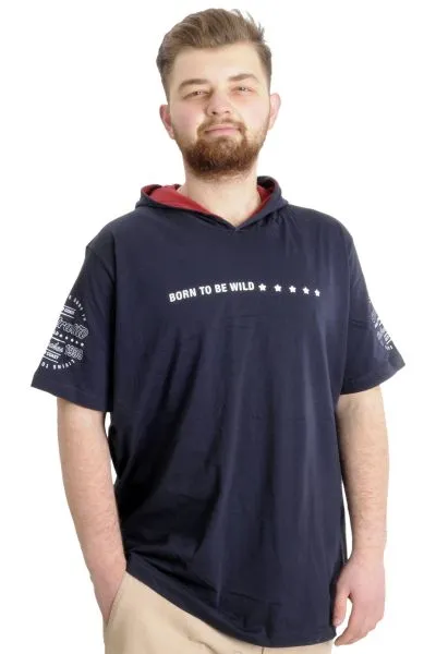 Big Size Mens T-Shirt Hoodie BORN TO BE WILD 23122 Navy Blue