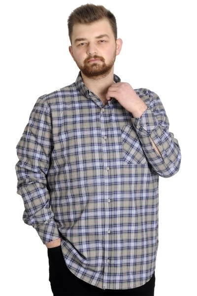 Big Size Men's Plaid Long Sleeved Pocket Shirt 23300 Light Khaki