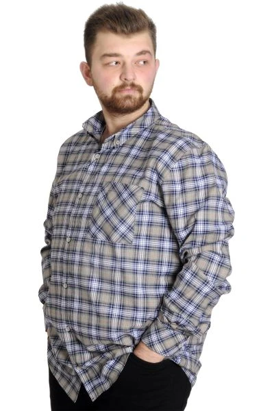 Big Size Men's Plaid Long Sleeved Pocket Shirt 23300 Light Khaki