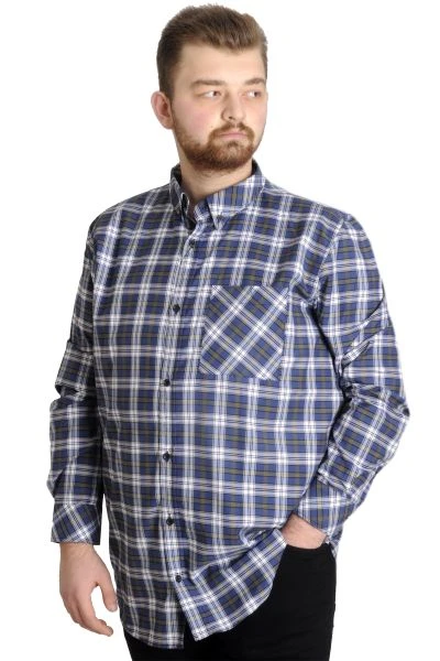 Big Size Men's Plaid Long Sleeved Pocket Shirt 23300 Ecru