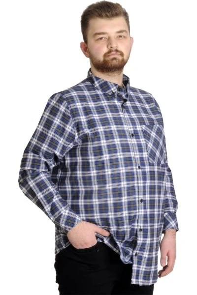 Big Size Men's Plaid Long Sleeved Pocket Shirt 23300 Ecru