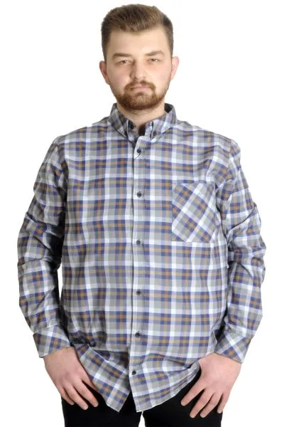 Big Size Men's Plaid Long Sleeved Pocket Shirt 23300 Brown