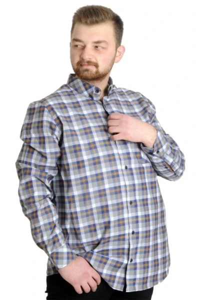 Big Size Men's Plaid Long Sleeved Pocket Shirt 23300 Brown