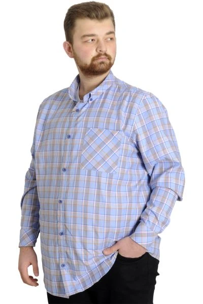 Big Size Men's Plaid Long Sleeved Pocket Shirt 23300 Dark Lilac