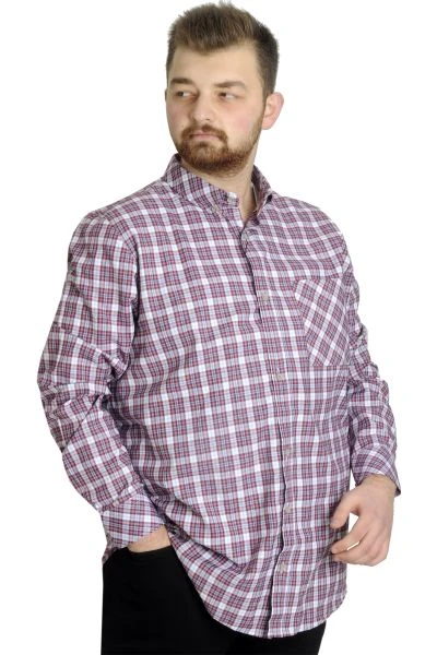 Big Size Men's Plaid Long Sleeved Pocket Shirt 23300 Damson