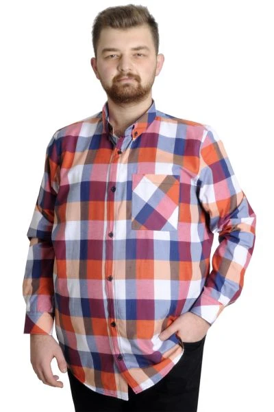 Big Size Men's Plaid Long Sleeved Pocket Shirt 23300 Orange