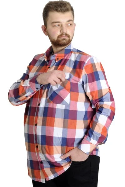 Big Size Men's Plaid Long Sleeved Pocket Shirt 23300 Orange