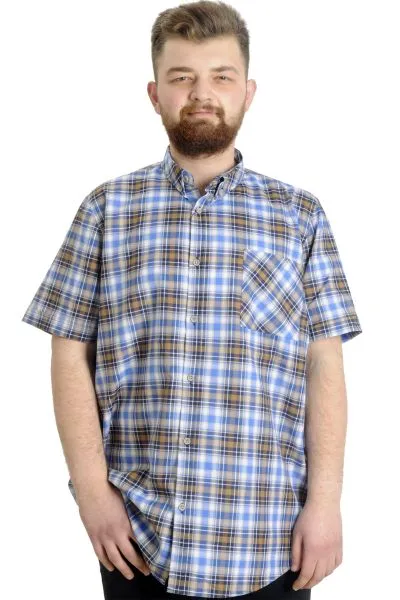 Big Size Mens Shirt Ekose Kısa Kollu 23301 Light Navy Blue