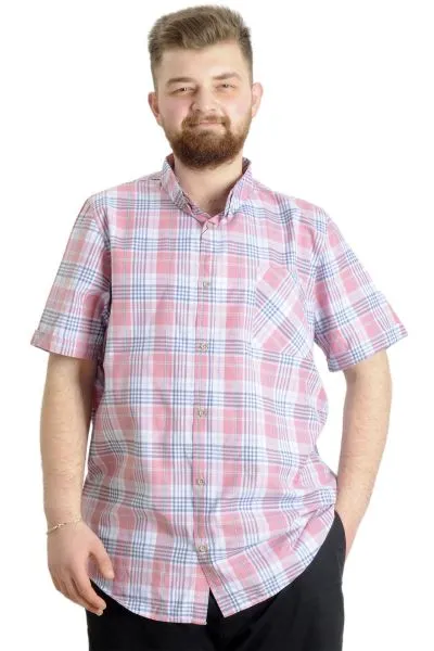 Big Size Mens Shirt Ekose Kısa Kollu 23301 Ecru