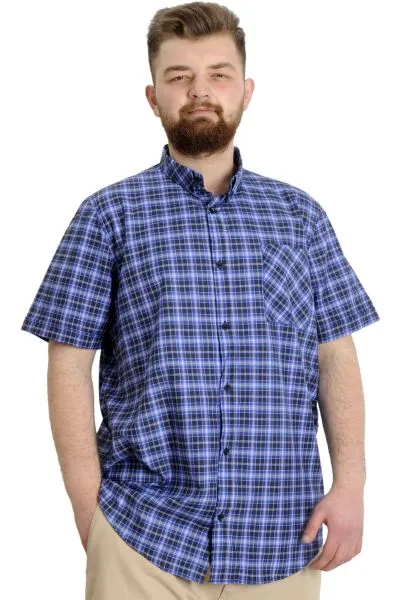 Büyük Beden Erkek Gömlek Ekose Kısa Kollu 23301 Koyu Saks [product_color]