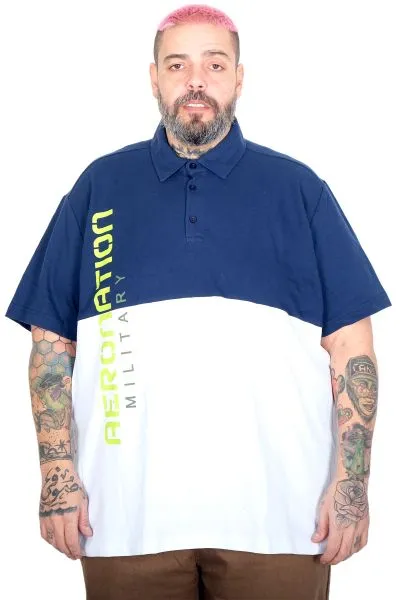 Büyük Beden Erkek Parçalı Polo Yaka T-Shirt 25318 INDIGO