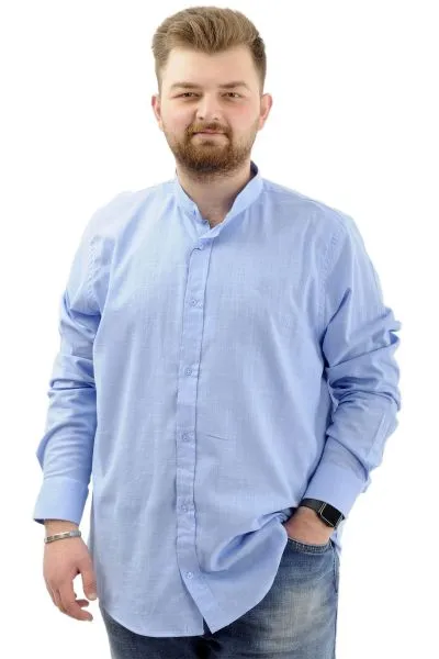 Büyük Beden Erkek Gömlek Uzun Kol Likralı Keten Gömlek U20385 Mavi