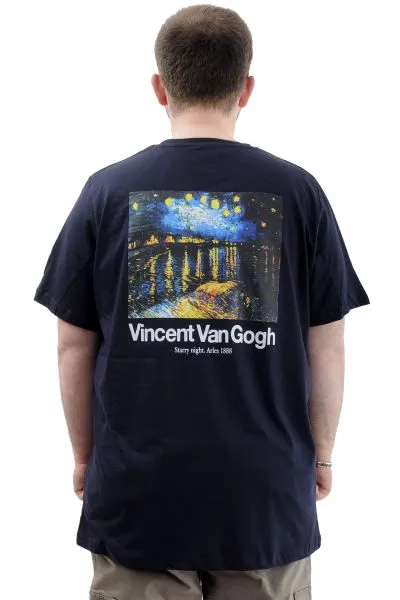 Büyük Beden Baskılı Erkek T-Shirt Bisiklet Yaka VAN GOGH U24040 Lacivert