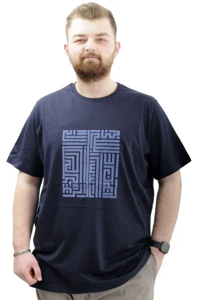 Büyük Beden Erkek T-Shirt Bisiklet Yaka Baskılı LABYRINTH U24048 Lacivert