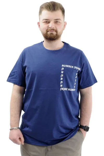 Erkek Büyük Beden T-Shirt Pamuklu Baskılı Bisiklet Yaka Tişört NUMBER U24051 İndigo