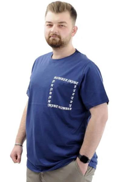 Erkek Büyük Beden T-Shirt Pamuklu Baskılı Bisiklet Yaka Tişört NUMBER U24051 İndigo