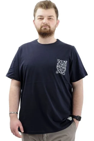 Büyük Beden Erkek Tişört Bisiklet Yaka Baskılı Cep Detaylı T-Shirt REFUEL U24053 Lacivert