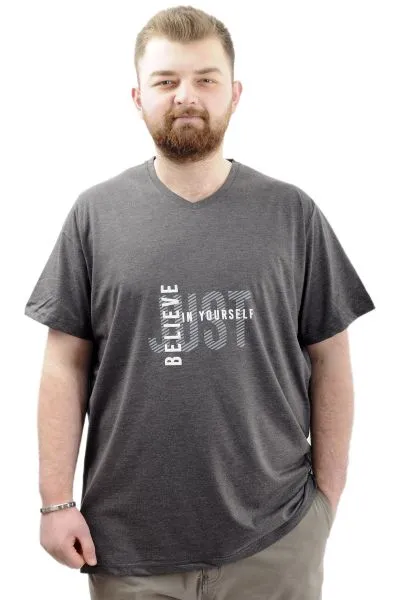 Büyük Beden Erkek T-Shirt V Yaka Baskılı BELIEVE U24054 Antrasit