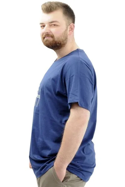 Büyük Beden Erkek T-Shirt V Yaka Baskılı BELIEVE U24054 İndigo