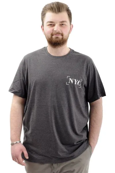 Büyük Beden Erkek Tişört Baskılı Pamuklu Bisiklet Yaka T-Shirt NYC U24068 Antramelanj